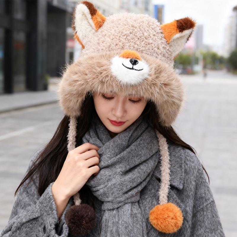 Furry Ears Plush Winter Hat for Women Girl Warm Comfortable Unisex Earflap Cap for Skiing Camping Daily Outdoor Use