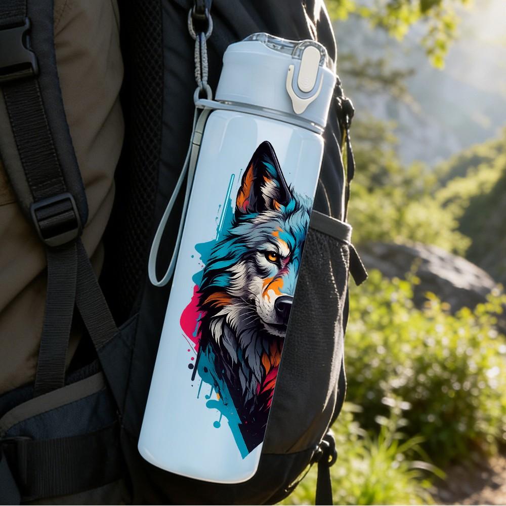 1PC Colorful Wolf Beast Animal Pattern 750ml Color Plastic Sports Water Bottle Leakproof Flip Straw Lid Suitable for Sports Office Home Use