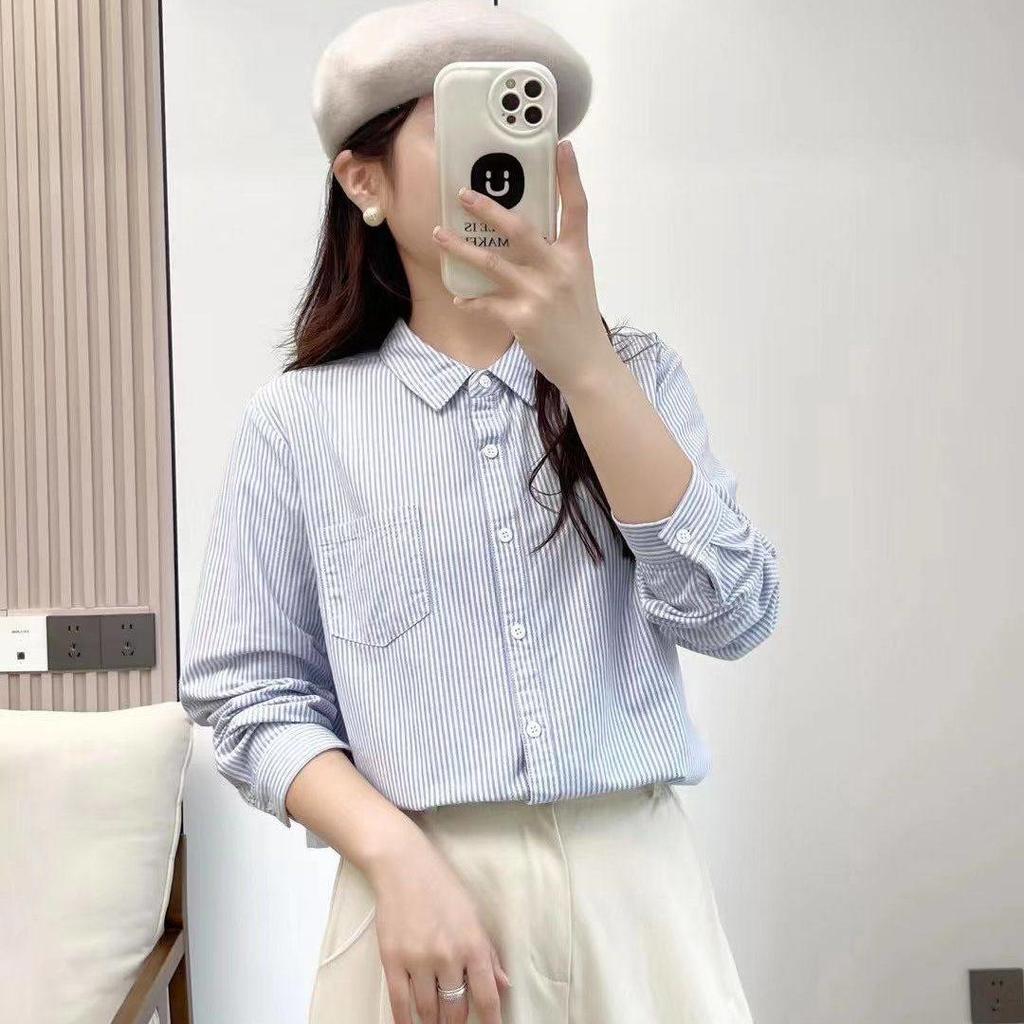 2026 Women's Spring/Autumn College Style White Oxford Shirt with Vertical Stripes – Long Sleeve, Artistic Fresh Trend