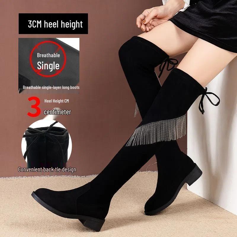 

Женские замшевые ботфорты с кисточкой из страз и массивным каблуком, Осень 2025, стройнящий стиль 42