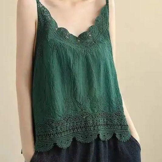 Sommer Retro Baumwolle und Leinen Camisole Künstlerisch Schlicht Dünn Vielseitiges Basic-Shirt Waldspitze Weste für Damen
