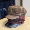 Red Plaid Woolen Octagonal Hat for Women in Autumn and Winter Korean Style Retro Beret New Retro Newsboy Hat Trend