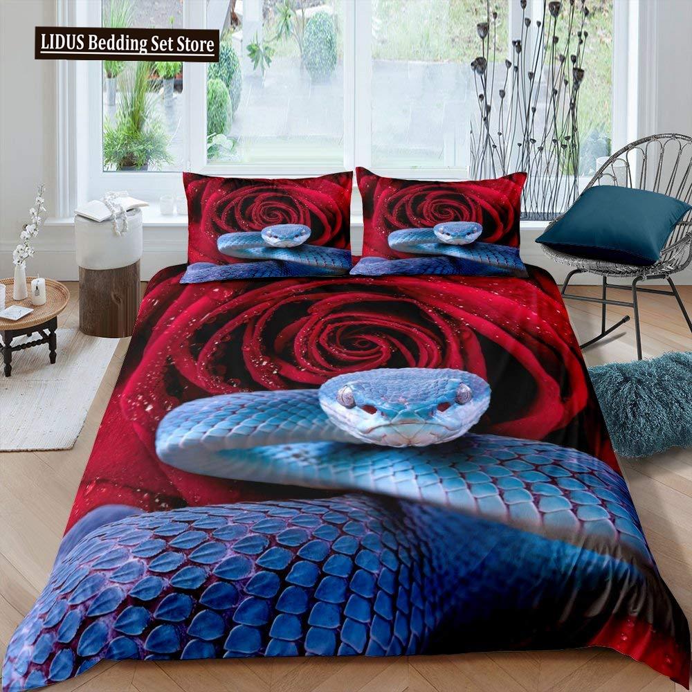 Snake Duvet Cover Set 3D Python Palm Leaf Bedding Set King Size Reptile Tropical Theme Quilt Cover For Kids Boys Girls Teens