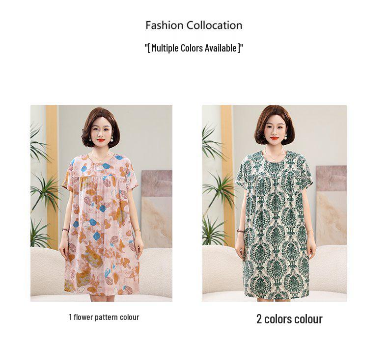 Summer Cotton Silk Knee-Length Floral Dress for Middle-Aged and Elderly Women - Short Sleeved, Lightweight, Plus Size, Loose Fit
