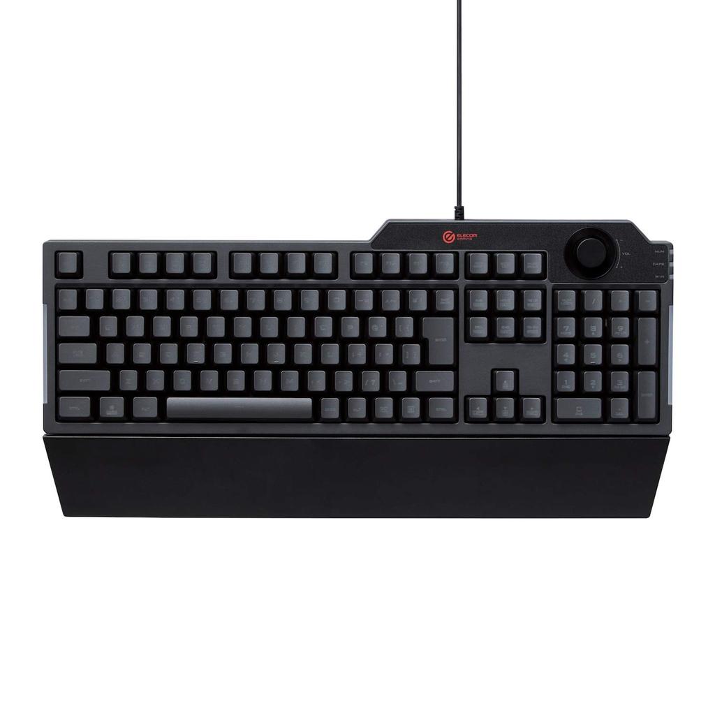 ELECOM TK-G02UMBK Wired Gaming Keyboard with Detachable Wrist Rest, Volume Dial, Membrane, Full Keys, Black