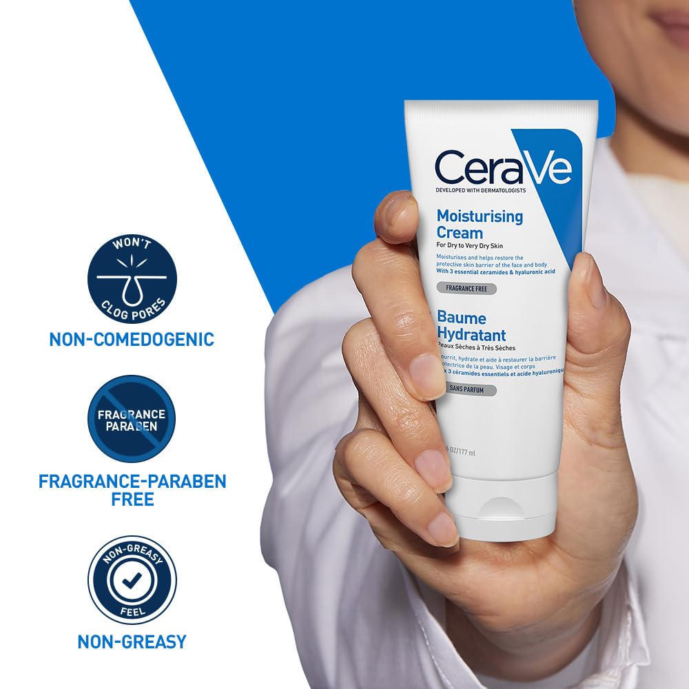 CeraVe Moisturizing Cream For Dry To Very Dry Skin (177ml) - Formulated with 3 Essential Ceramides And Hyaluronic Acid | Non-Comedogenic Moisturizer F
