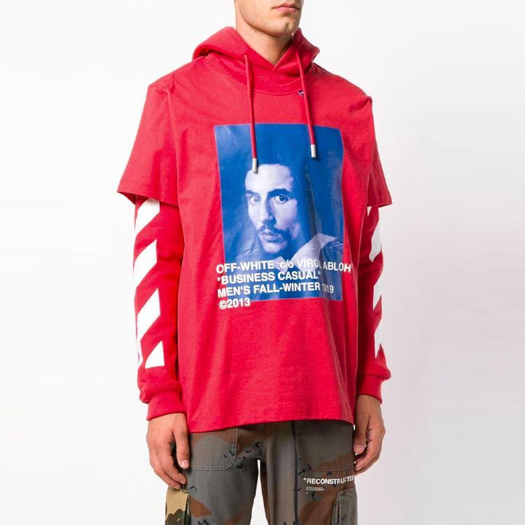 Off-White SS19 Portrait Print False Two-Piece Hoodie Sweatshirt Men Tops Red OMBB042F181920112030