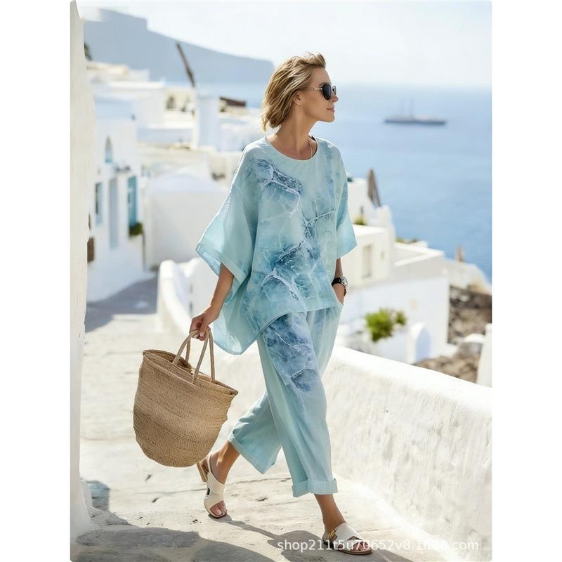 New set 1116 women's round neck gradual change printing casual suit holiday loungewear two-piece set