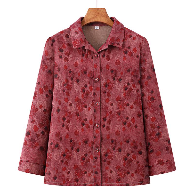 

Floral Print Long-Sleeve Top for Middle-Aged and Elderly Moms 4XL (130-145kg) червоний