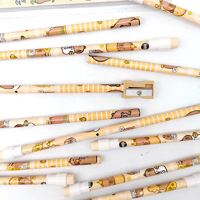 12Pcs Cute Cartoon Capybara Hb Pencils Stationery Set With Pencil Sharpener School Students Stationery Gift