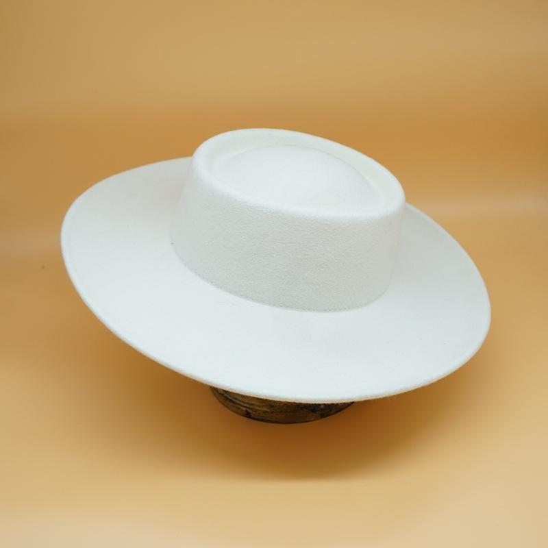 Foreign Trade White Big Eaves Wide Eaves Wool Flat Top Top Top Hat Female Autumn And Winter British Retro Versatile French Celebrity Felt