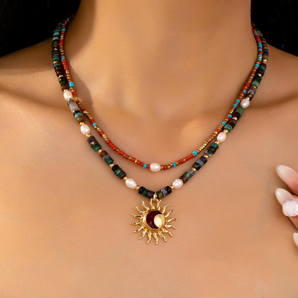 New handmade beaded sun pendant double-layer necklace design temperament trend neck chain