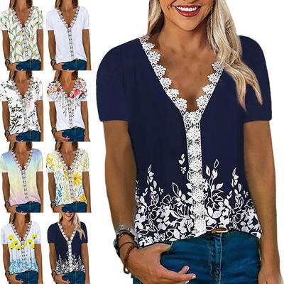 Summer Women's Short Sleeve Tees Elegant Lace V-neck Print Casual Comfortable T-Shirt Female