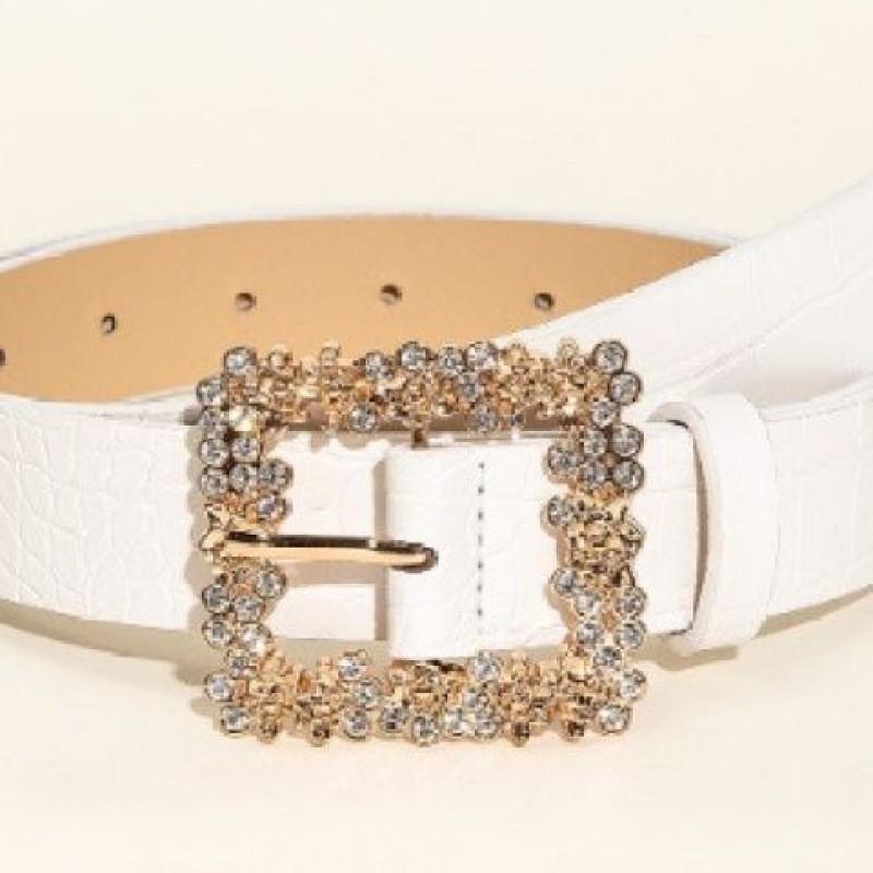 

Белый женский классический ремень для платья с квадратной пряжкой с каменным узором для вневременных базовых вещей гардероба StyleL