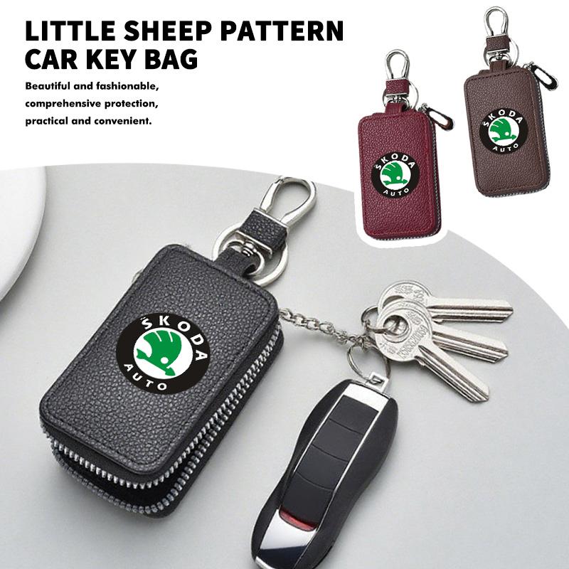 WFDZ5 Car Key Protector Bag Key Holder Mini Auto Key Case Wallet Zipper Bag Keychain For Skoda S Kodiaq Octavia 2 3 Yeti Karoq Rapid