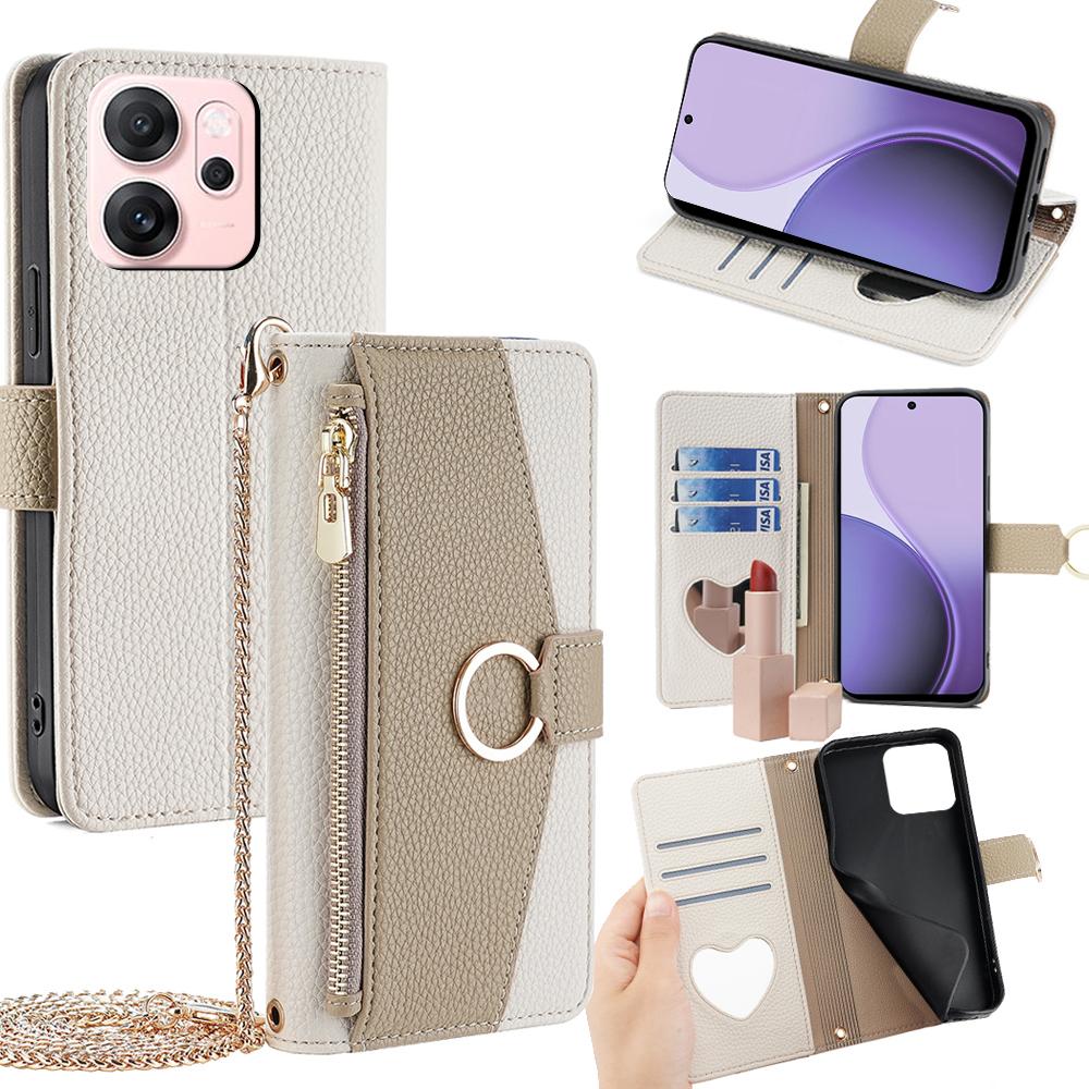 For Oppo Reno14 F 5G Case Mirror Wallet Leather Phone Cover with Chain Shoulder Strap