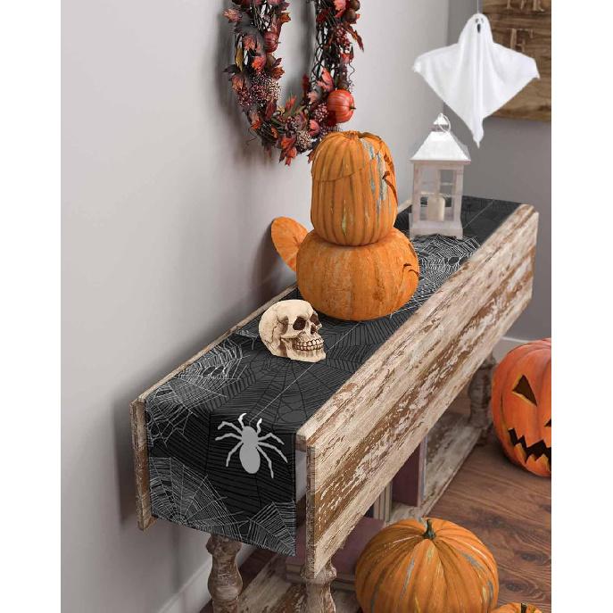 Halloween Linen Table Runner,Spiders Spiderweb Texture Dresser Scarf Kitchen Dinning Tabletop Covers Decor for Indoor Outdoor Party Holiday Wedding