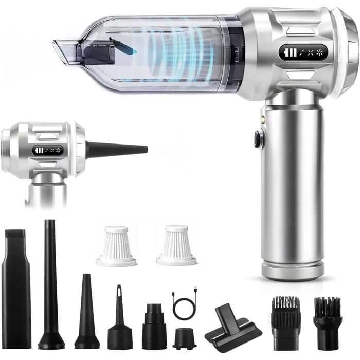 Nettlife Aspirateur à main sans fil - Puissant aspirateur 4 en 1 de 17 000 Pa, aspirateur de voiture avec moteur sans balais argent