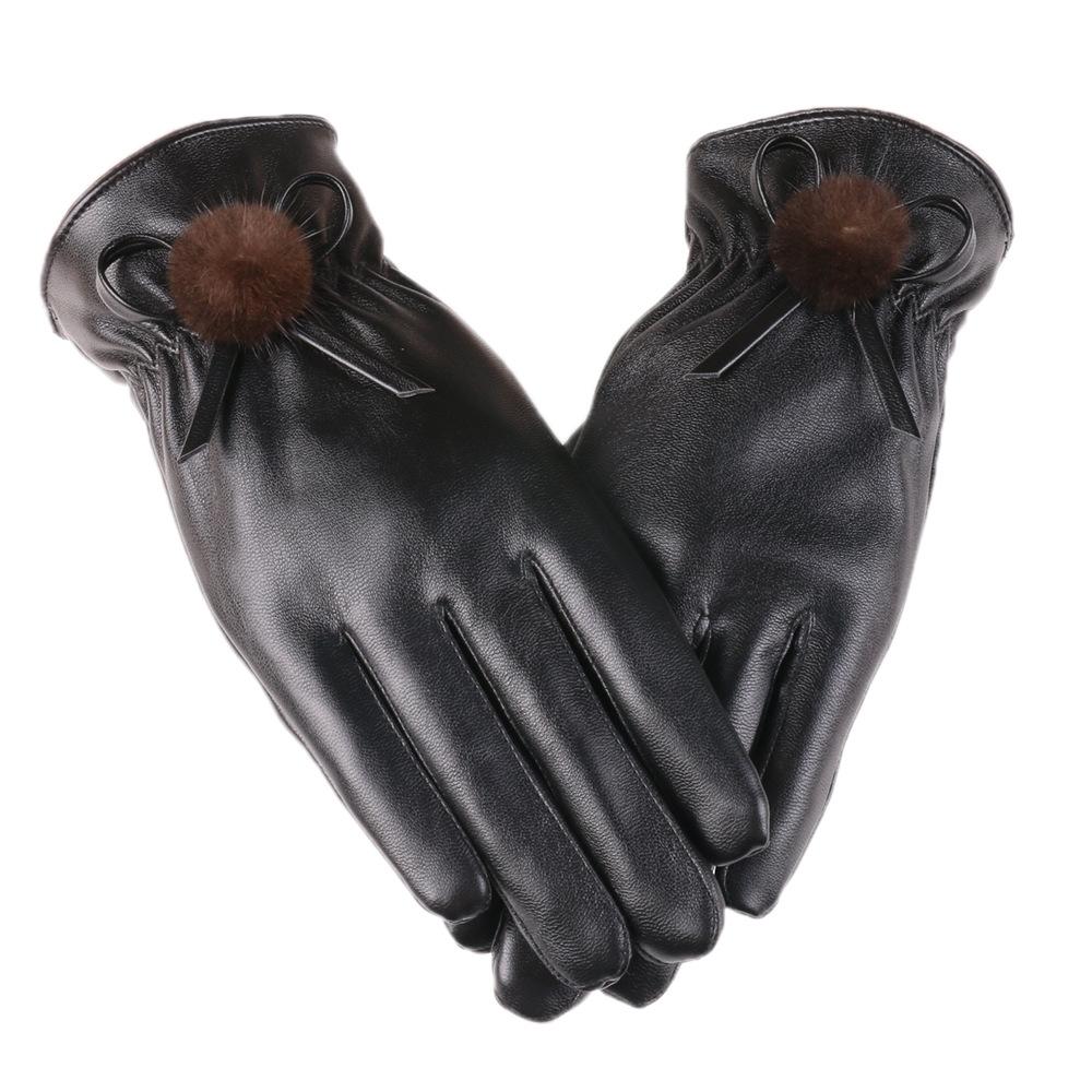 Autumn and Winter Gloves for Women PU Leather Gloves Bow Plus Velvet Thickened Outdoor Driving Touch Screen Warm Gloves