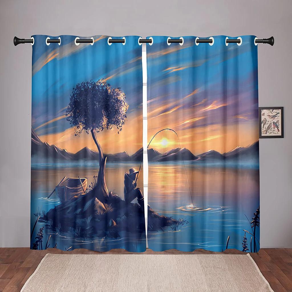 2PiecesNature Landscape Sunset Sea Blackout Window Curtains for Bedroom Living Room Bathroom Kicthen Door Hall High Shading New