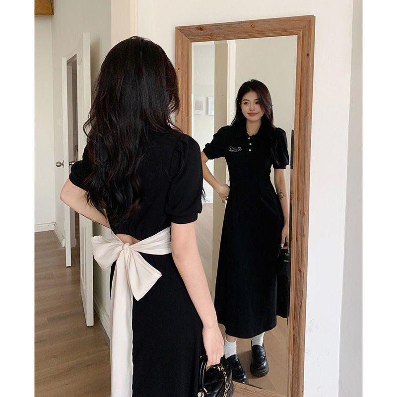 Plus Size Short Sleeve Backless Bow Polo Collar Dress - New Summer 2026 Slimming Waist Little Black Dress for Women