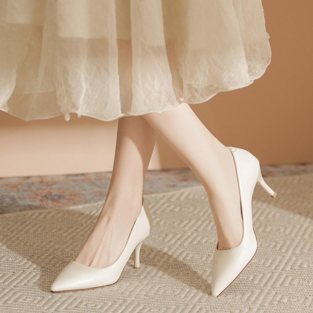 2026 Neue Damen-High Heels aus weichem Leder - Dünner Absatz Spitz zulaufende Spitze Off-White Professionelle Arbeitsschuhe, Ermüdungsfreie Füße, XCY41-Y5-8