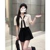 Korean-Style V-Neck Puff Sleeve White Tie Shirt & Skirt Set for Women – Loose, Stylish, Versatile Short Sleeve Two-Piece.