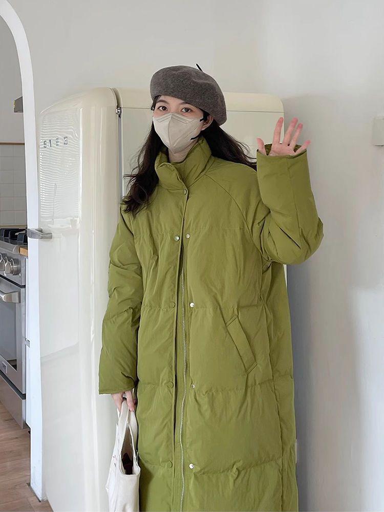 Women's Korean Style Mid-Length Down Jacket - Solid Color, Stand-Up Collar, Loose Fit, Warm Winter Coat.