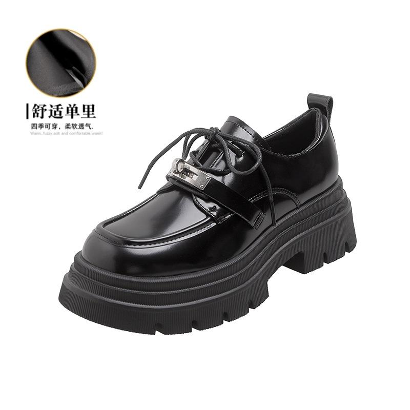 

2025 осень кожаный стиль женские туфли шнуровка платформа маленькие кожаные туфли замок пряжка высокий каблук одинарные туфли лоферы на платформе 34 чёрный