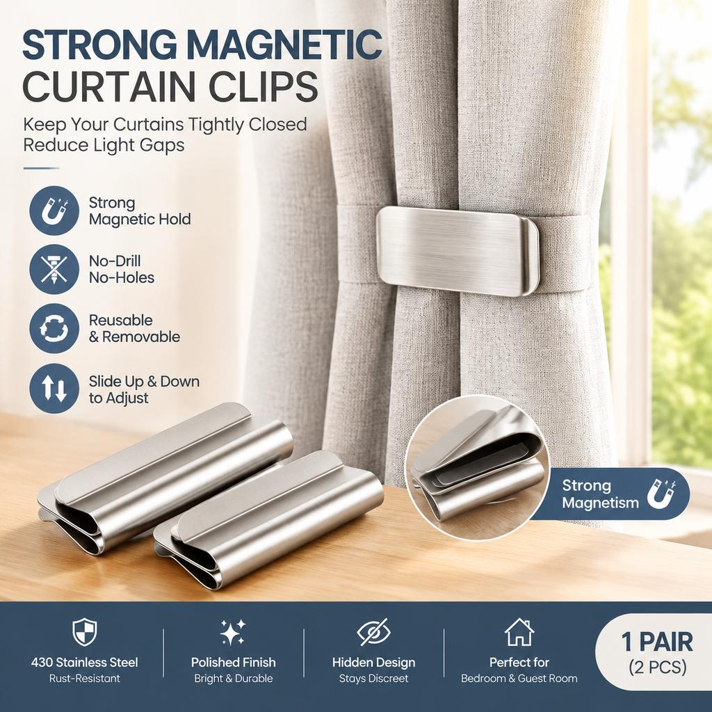 Magnetic Curtain Clips, Silver, 1 Pair, 430 Stainless Steel, No-Drill Closure