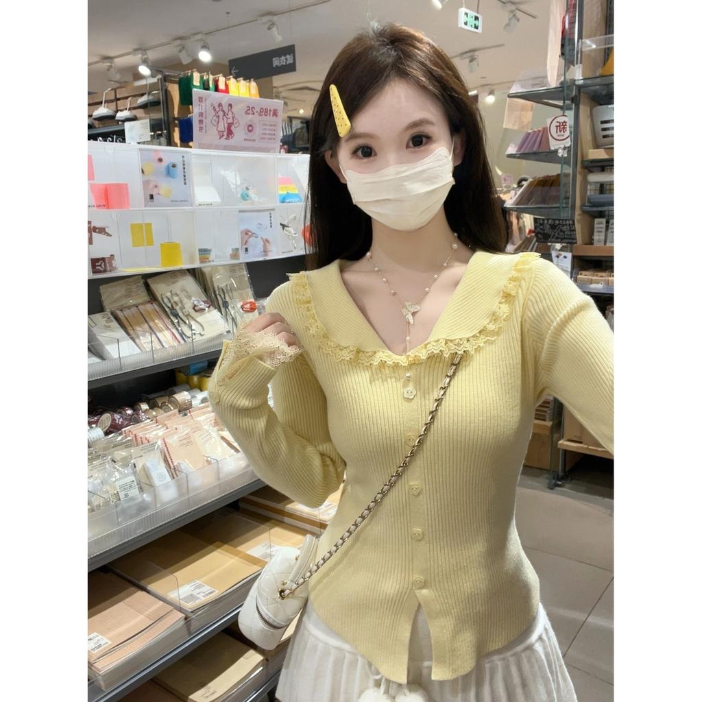 Sanfter und vielseitiger Spitzenrand mit Knopfaufschlag Andy Samt Strickjacke Herbst und Winter Unterziehpullover Damen