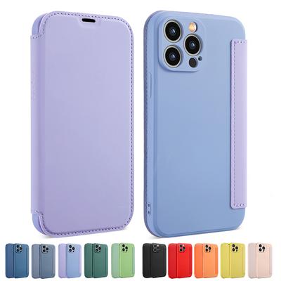 Flip-Lederhülle aus flüssigem Silikon für APPLE iPhone 12 13 14 11 Pro Max X XR XS Max 14 Plus Einfarbige Linsenschutzkarte Buchabdeckung