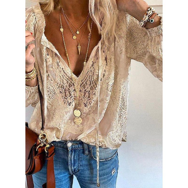 

Pullover Commuter Loose European and American Lace Hollow Lace Solid Long sleeve Wooden Ear Lace Shirt Lace Shirt Khakis 2XL