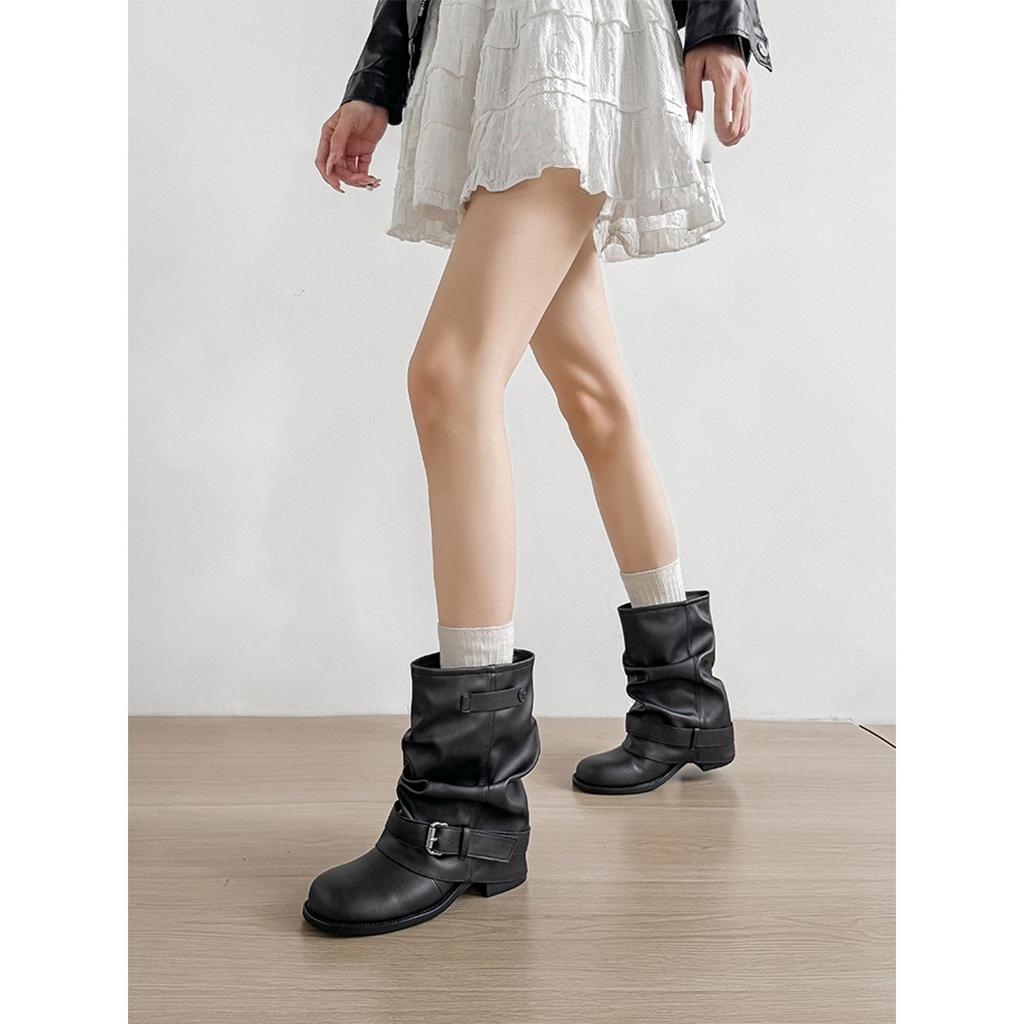 2025 autumn and winter new wasteland wind thick-soled knight boots heightened and wide large tube circumference stacking boots western short boots wom