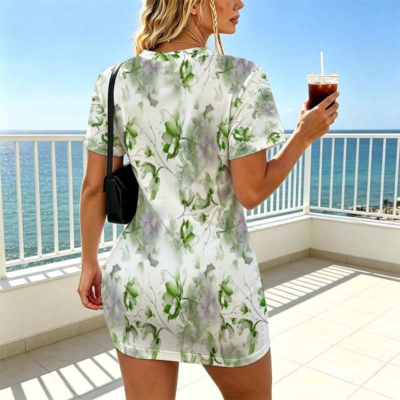 Women's Floral V-Neck Short Sleeve Slim Fit Bodycon Mini Dress - Soft Comfy, Ideal for Beach, Daily Wear & Short Trips