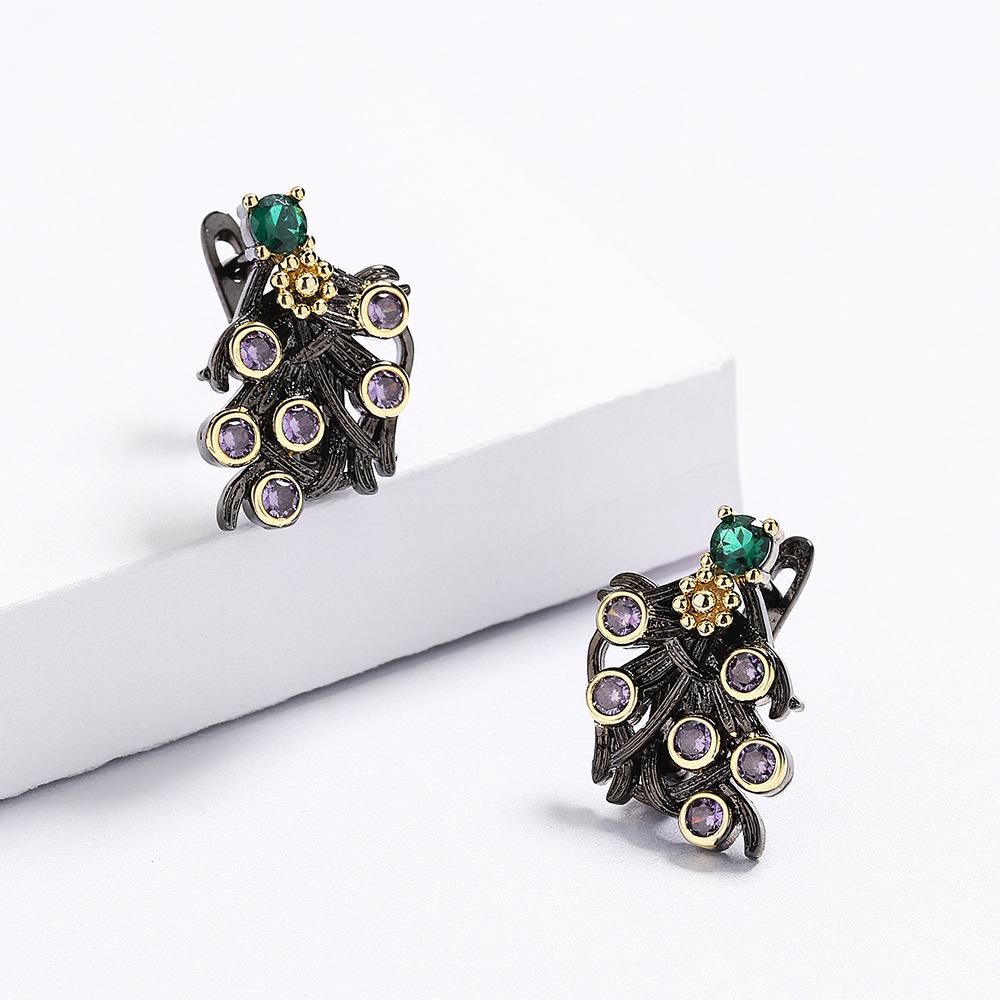 Purple Zircon Flower Earrings Womens Elegant Classic Black and Gold Earrings