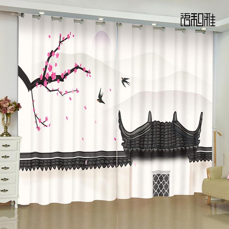 Custom Window Elegant Drape Chinese Ancient Wall Landscape Painting Living Area Balcony Semi Shade Sunscreen Curtain Cortinas 2panels