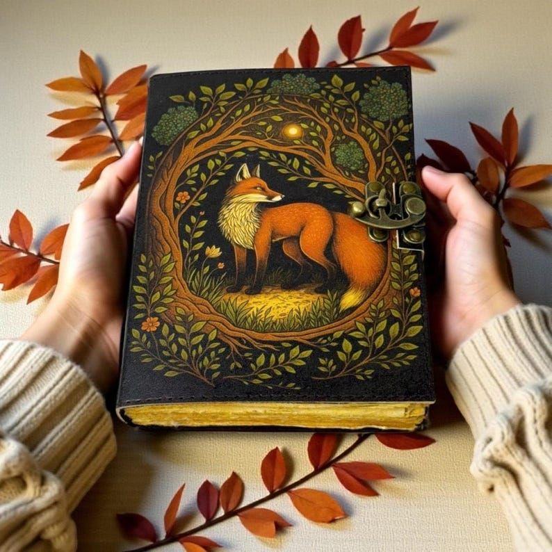 200 -Page Fox Leather Grimoire | Handmade Spell Book of Shadows, Vintage Deckle Paper Journal, Unique Fox Gift for Him and Her