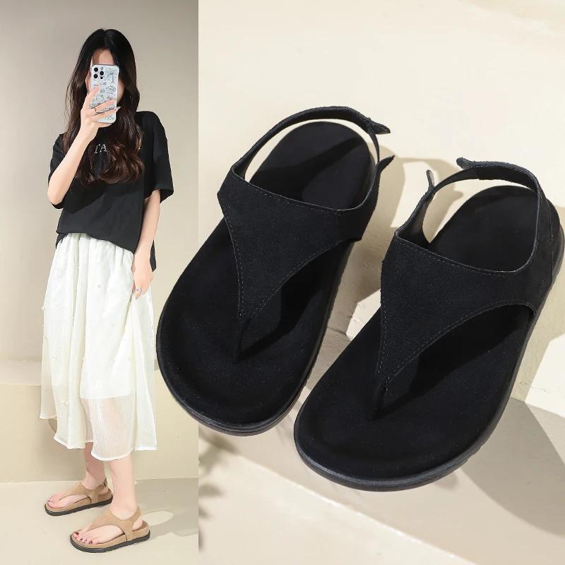 Damen Sandalen mit dicker Sohle Zehensteg Slipper Wildleder Schuhe für Damen Freizeit Strand Neue Mode Retro Sandalias De Mujer