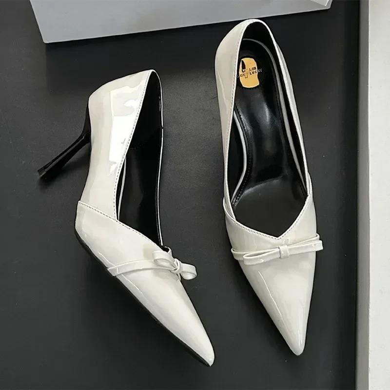 Fashion High Quality Patent Leather Women Pumps Sexy Pointed Toe High Heels Bow Designer Mules Loafers Elegant Banquet Heeled Sandals