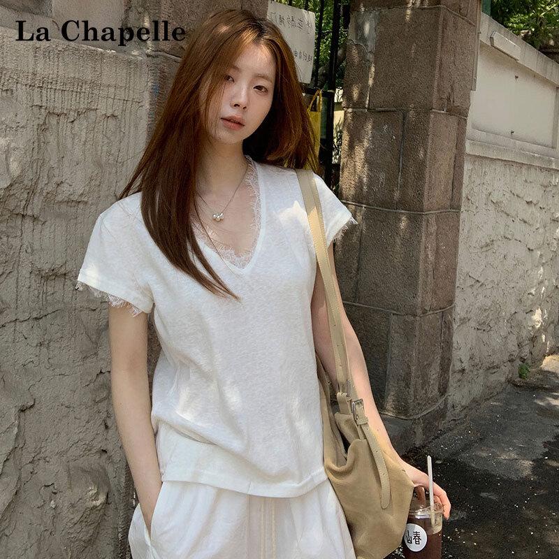 La Chapelle Women s Short Sleeve Lace V-Neck T-Shirt M белый