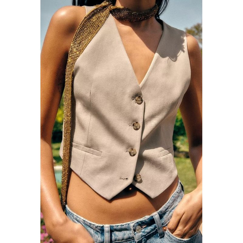 Blended High Waist Casual Shorts Waistcoat Vest Linen