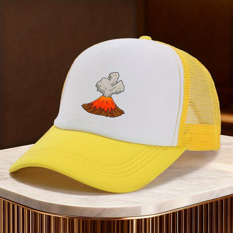 Volcano Eruption Cartoon Graphic Trucker Hat Unisex Polyester Mesh Snapback Cap for Outdoor Casual Travel