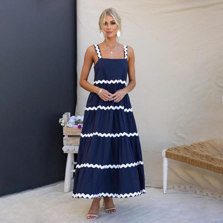 Sommer Dame Ermeløs Svingkjole Casual A-linje Stroppeløs Lang Camisole Seleskjørt Bølge Høy midje Kjoler Vår S-XL