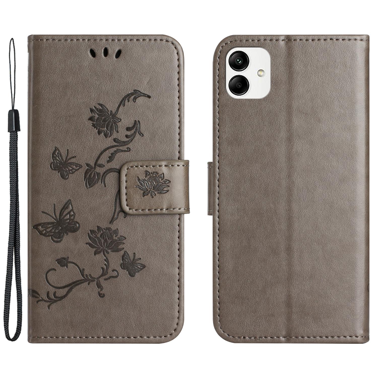 

For Motorola Moto G54 5G Case Butterfly Flower Imprinted PU Leather Wallet Phone Cover Grey