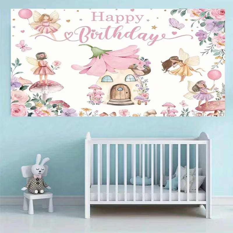 2D Magical Fairy Birthday Tapestry, Floral Mushroom Wall Decor for First Birthday Party