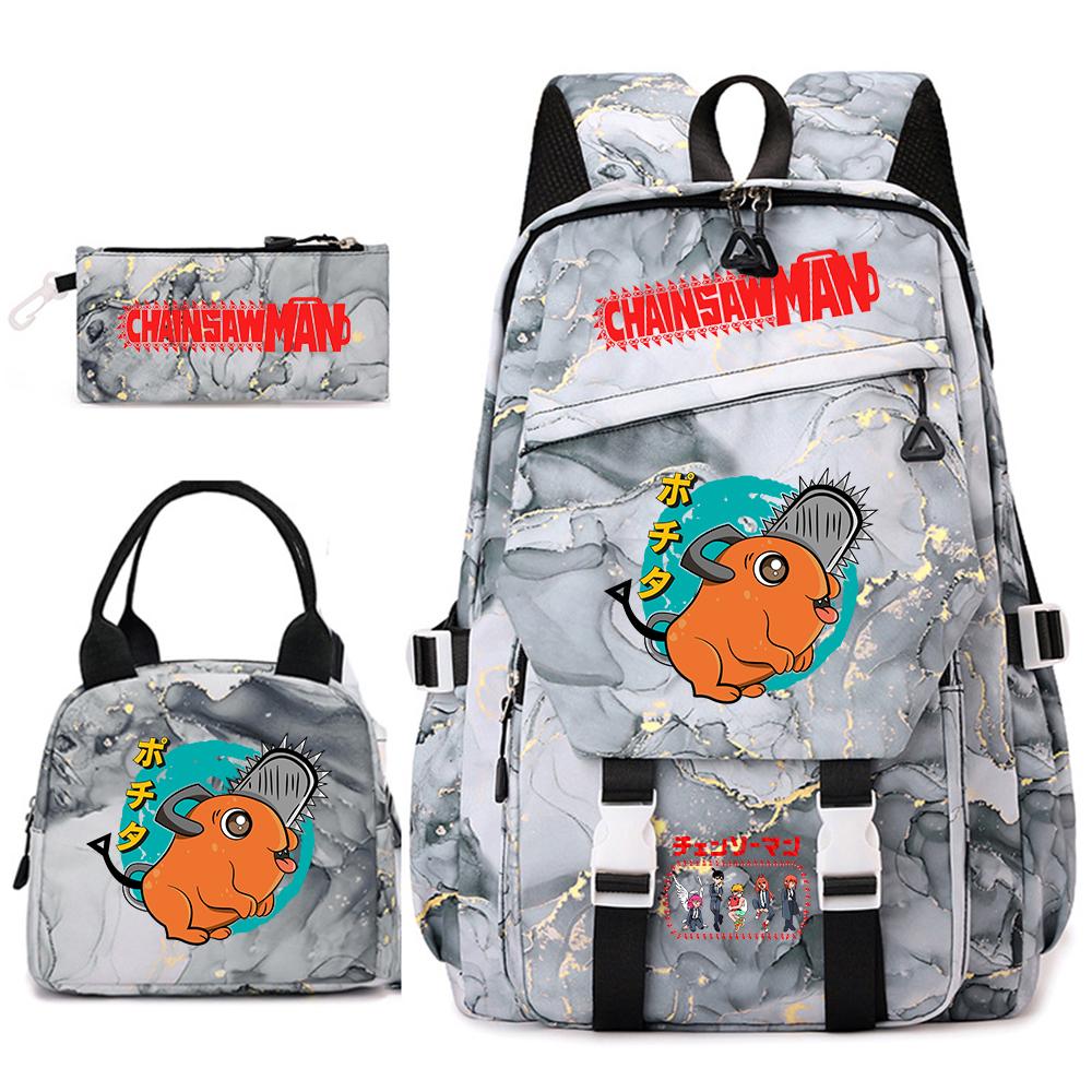 Chainsaw Man Anime Print Student Backpack Set for Girls with Lunch Bag Pencil Case School Daily Use