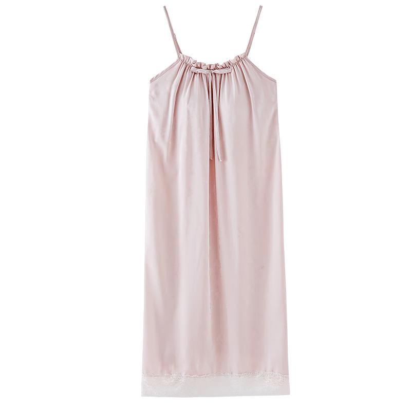 JOAE Faux Silk Ribbon Chest Pads Spaghetti Strap Nightgown, Women's Sexy High-End Sleepwear, Loungewear, Ice Silk, Pink, XL