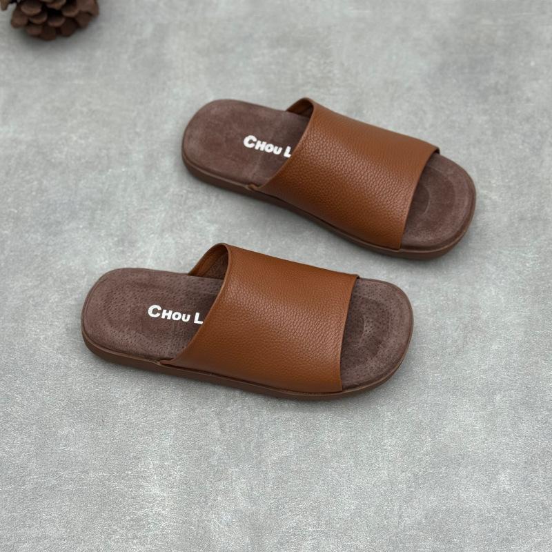 Johnature Genuine Leather Peep Toe Flat Slippers Simple Comfortable Soft Soled Cowhide Women's Slides