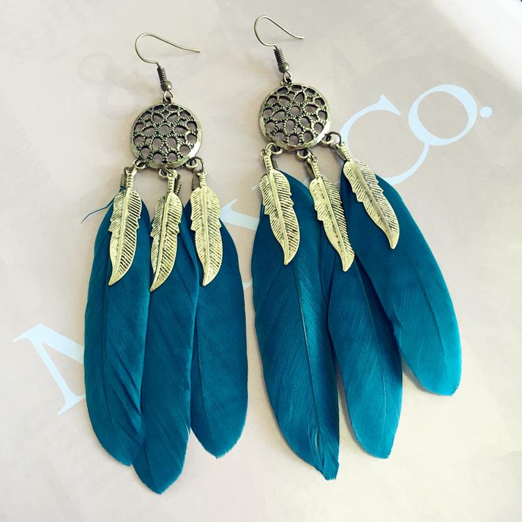 Bohemian vacation wind dream catcher element feather earrings fashion personality elegant fringed long earrings